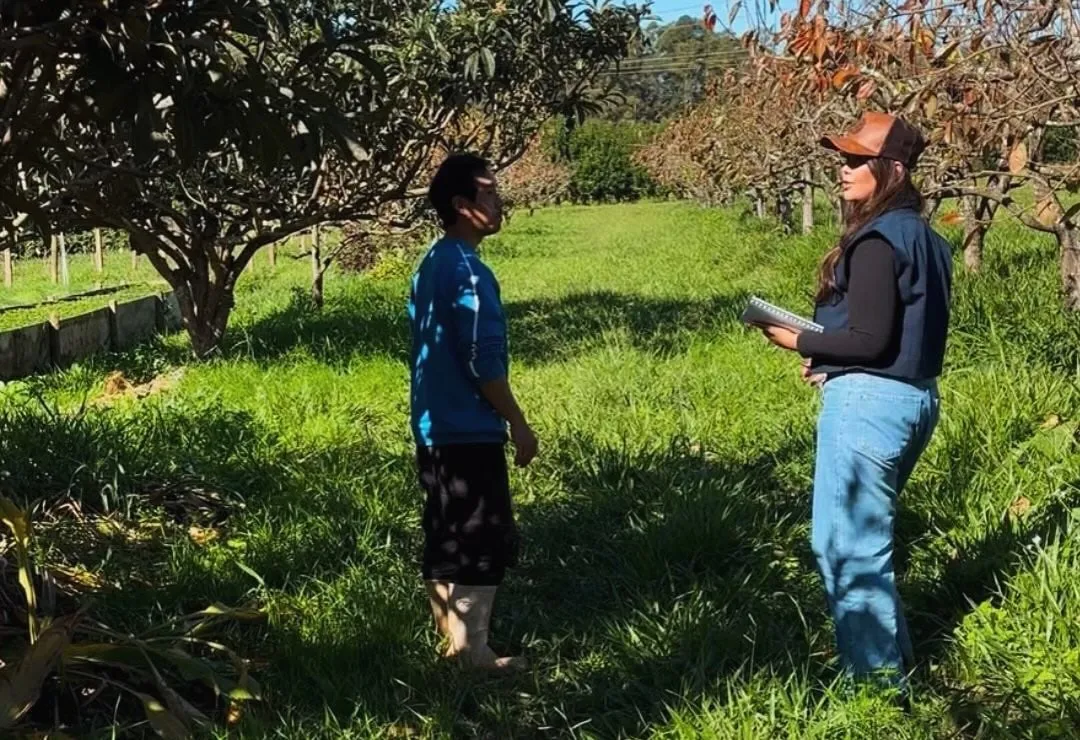 Bruna conversando com um produtor no meio de um pomar, durante uma visita